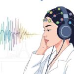 Illustration of a researcher wearing headphones with colorful sound waves