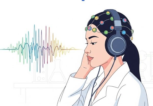 Illustration of a researcher wearing headphones with colorful sound waves